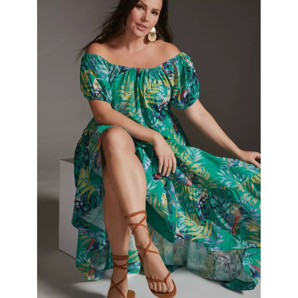 Anthropologie Maeve Green Tropical Parrot Print Off-The-Shoulder Maxi Dress NWT